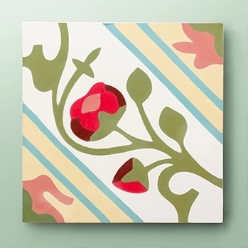 Floral cement tile pattern in green, red, white and yellow